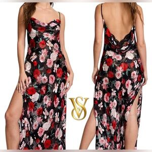 Atelier Victoria's Secret Noir Burnout Satin Plunge Gown. Size S. New With Tags